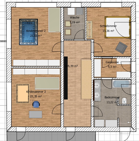 Floor plan of an apartment: two children's rooms on the left, bedroom on the right, bathroom, hallway.