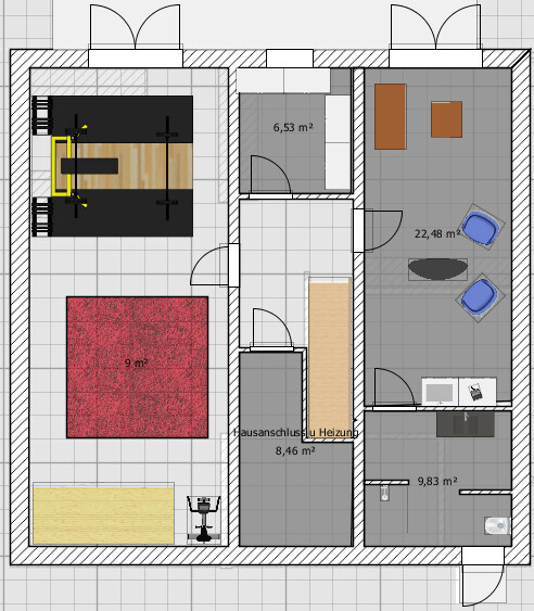 Floor plan of a house: office with desk, red carpeted room, living room, kitchen, bathroom.