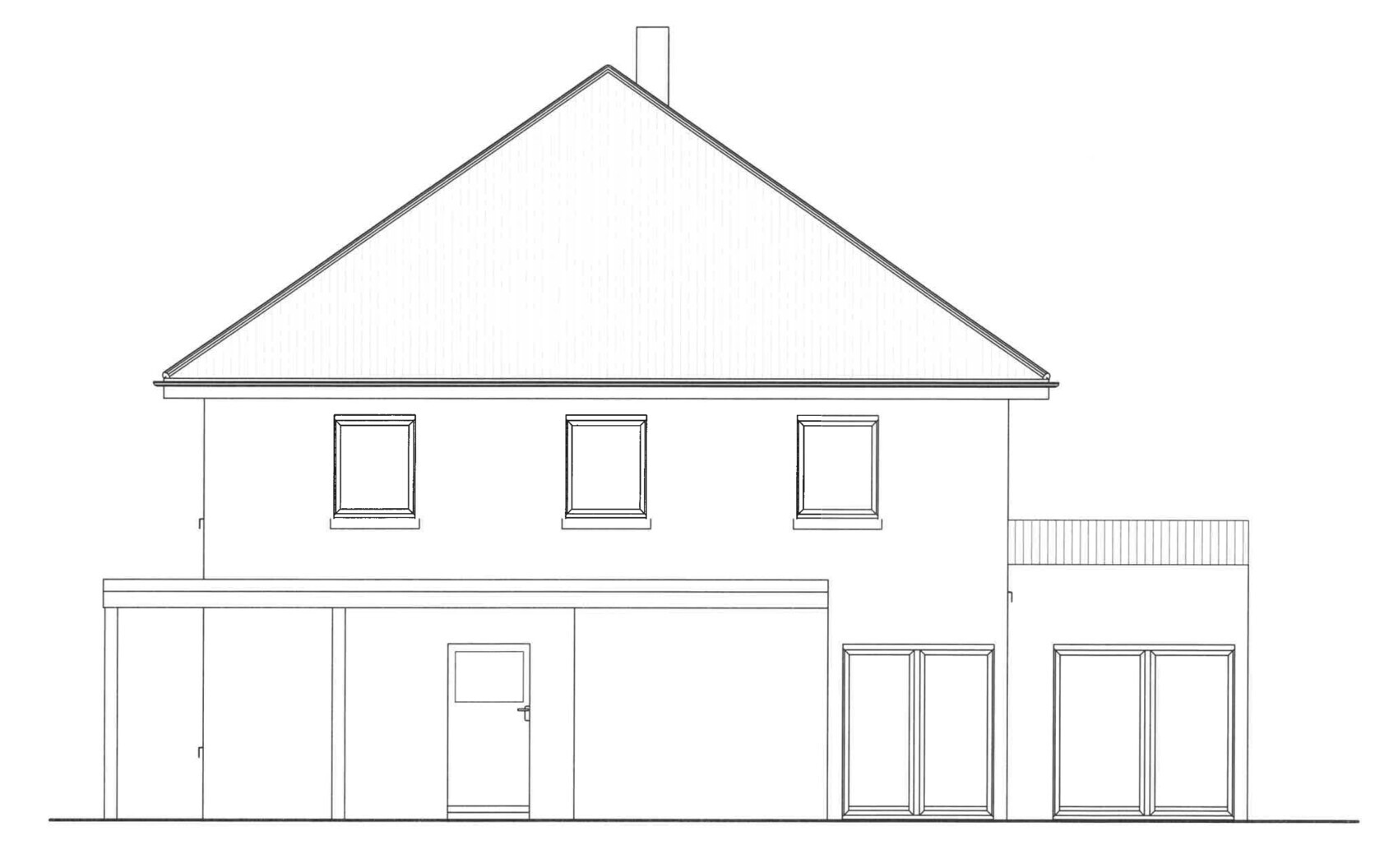 Two-story house with gable roof, fireplace and side extension with large glass fronts.