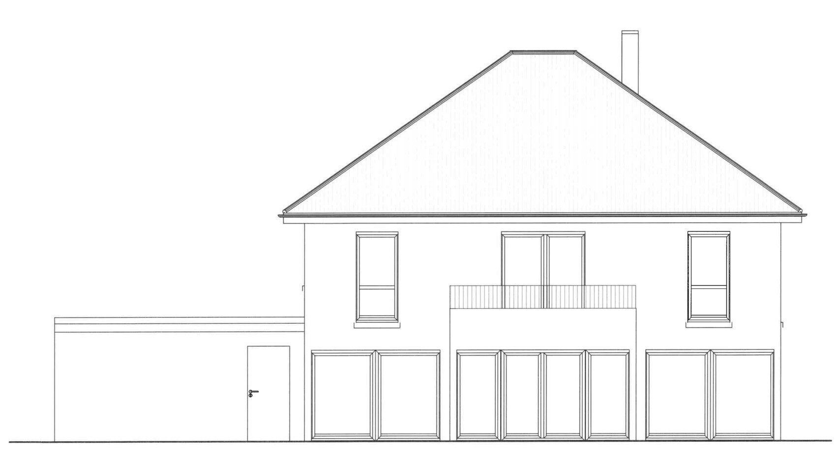 Line drawing of a two-story house with balcony and several garage fronts.
