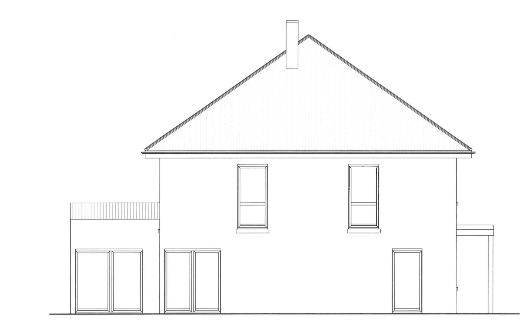 Line drawing of a house with gable roof, fireplace and windows, side extension.