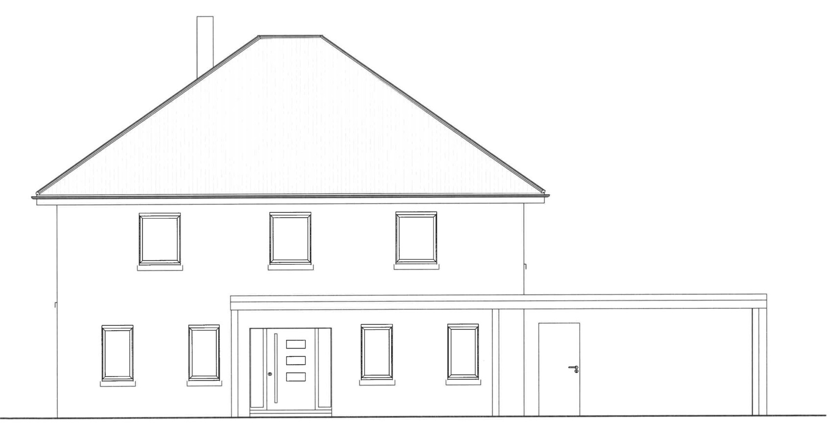 Two-story house with large gable roof, several windows and side extension.
