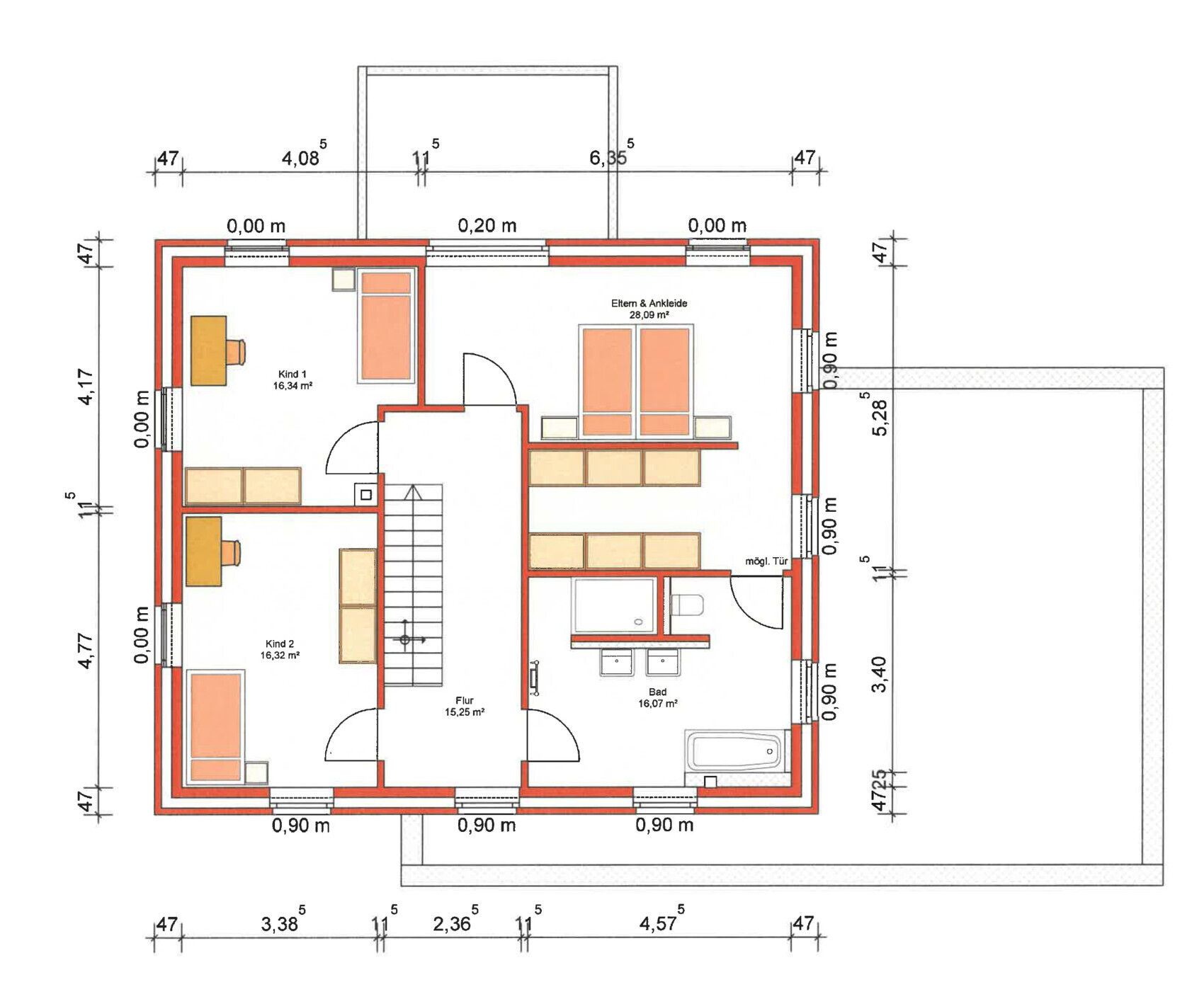 Floor plan of a house with master bedroom, two children's rooms, bathroom and hallway.