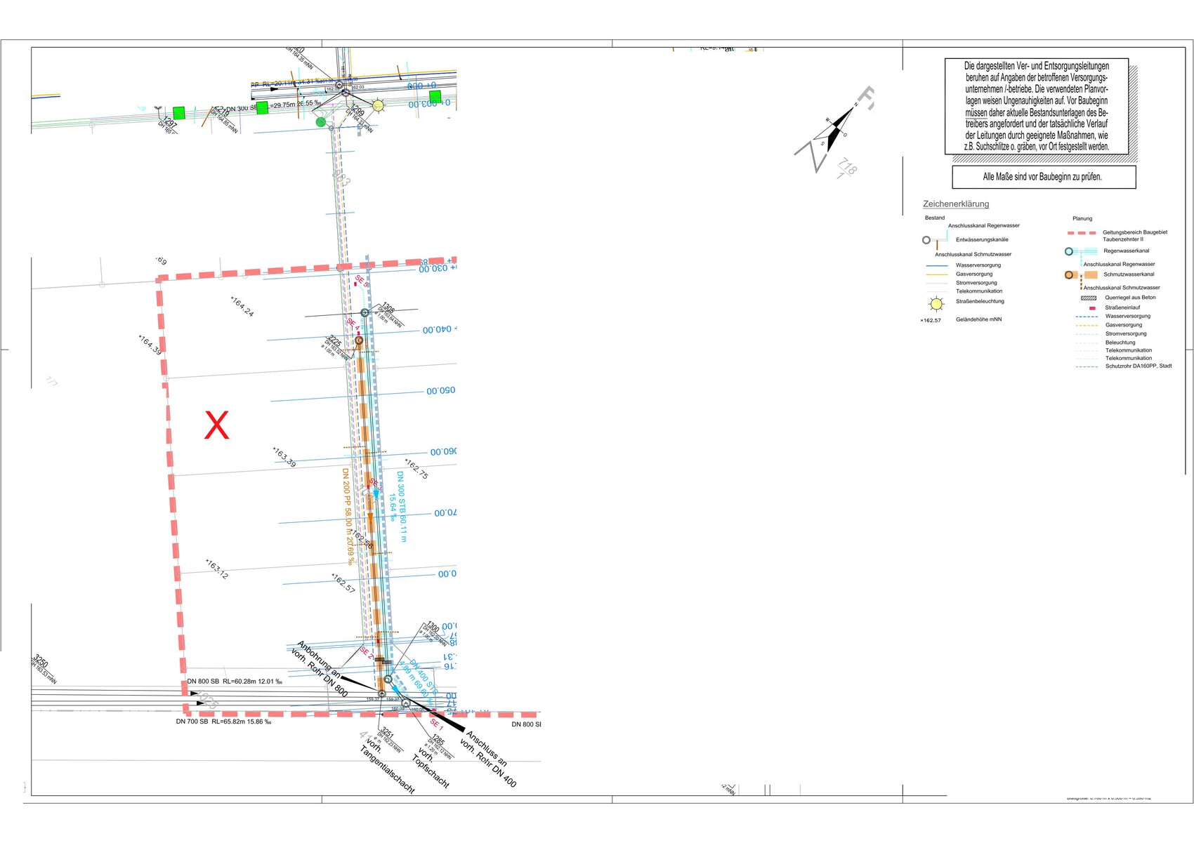 Technical plan: left area marked with red X, red dotted outline, legend on the right.
