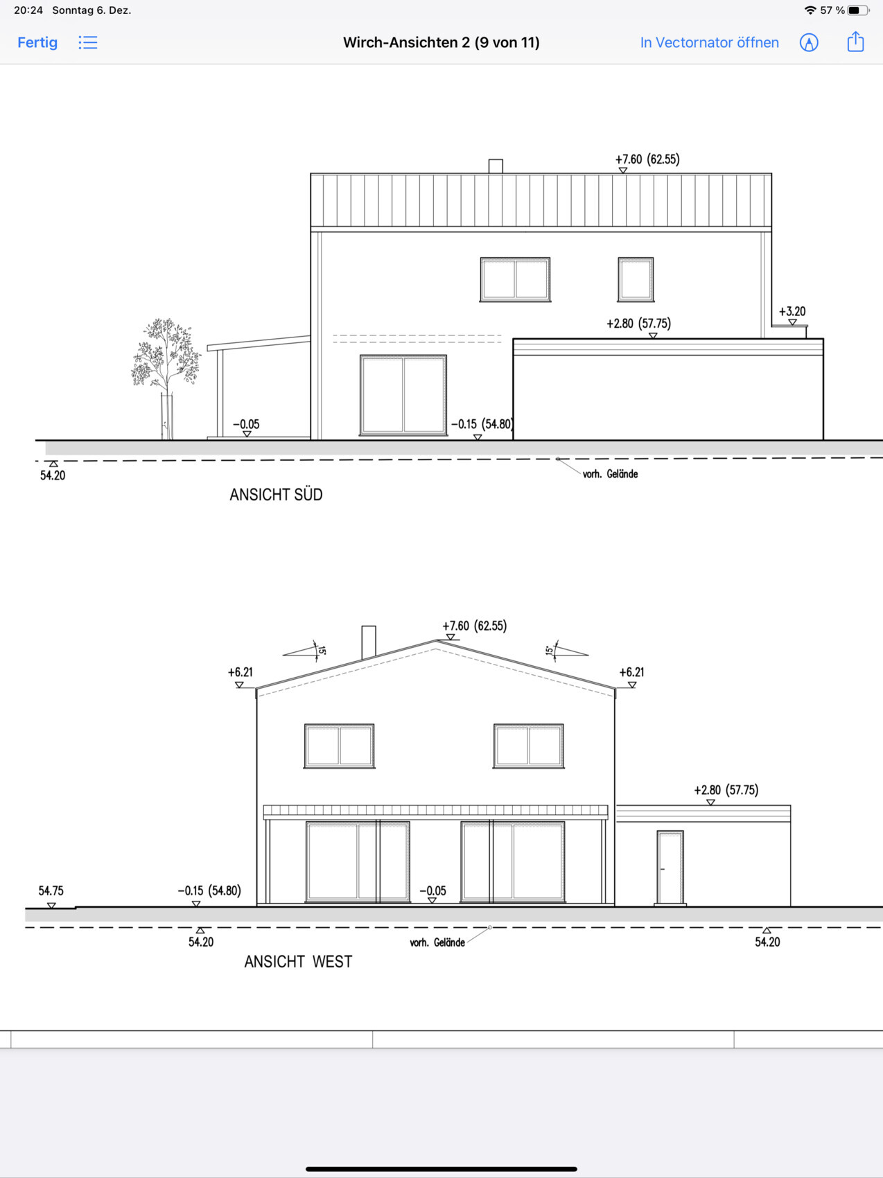 South and west facade of a two-story house with flat roof and garage extension.
