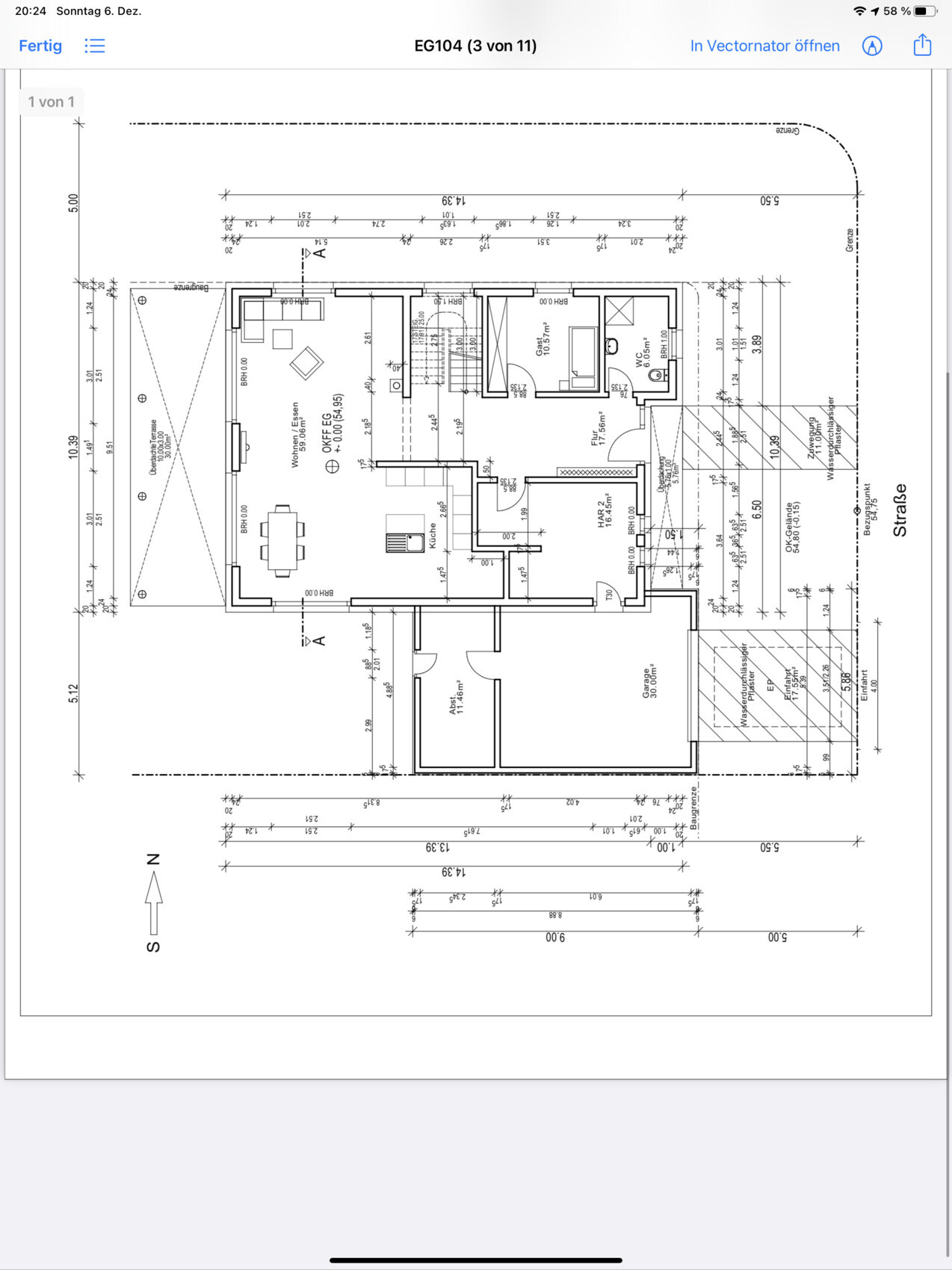 Floor plan of a residential house with living room, kitchen, dining area, bedroom, bathroom, and garage.
