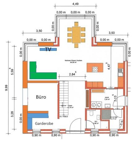 2D Grundriss eines Wohn- und Arbeitsbereichs mit Küche, Essbereich, Büro und Garderobe.