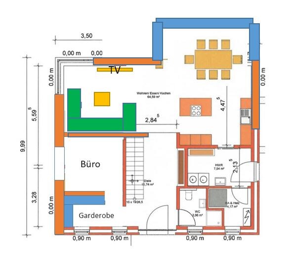 Grundriss eines Hauses mit Büro, Garderobe, offener Wohn-/Ess-/Kochbereich, Esstisch, grünem Sofa und TV.