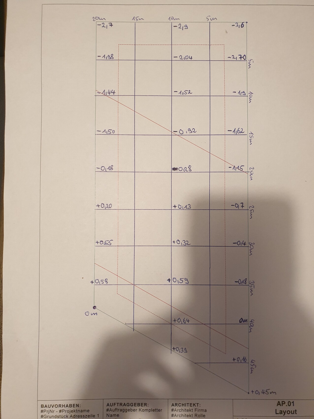 Hand-drawn floor plan layout with grid lines and dimensions