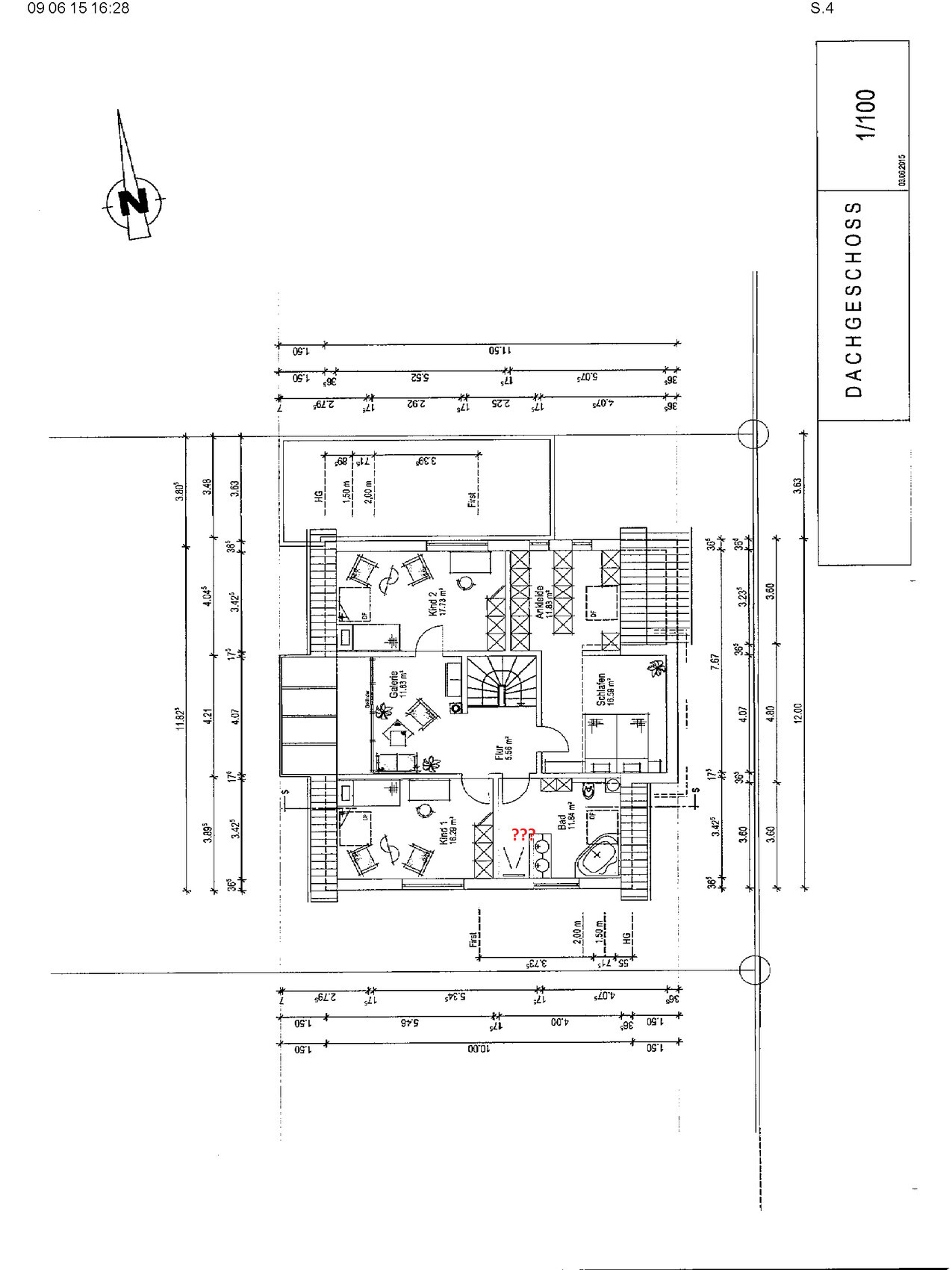 Technical floor plan of the attic with rooms, stairs, furniture, and dimension lines.