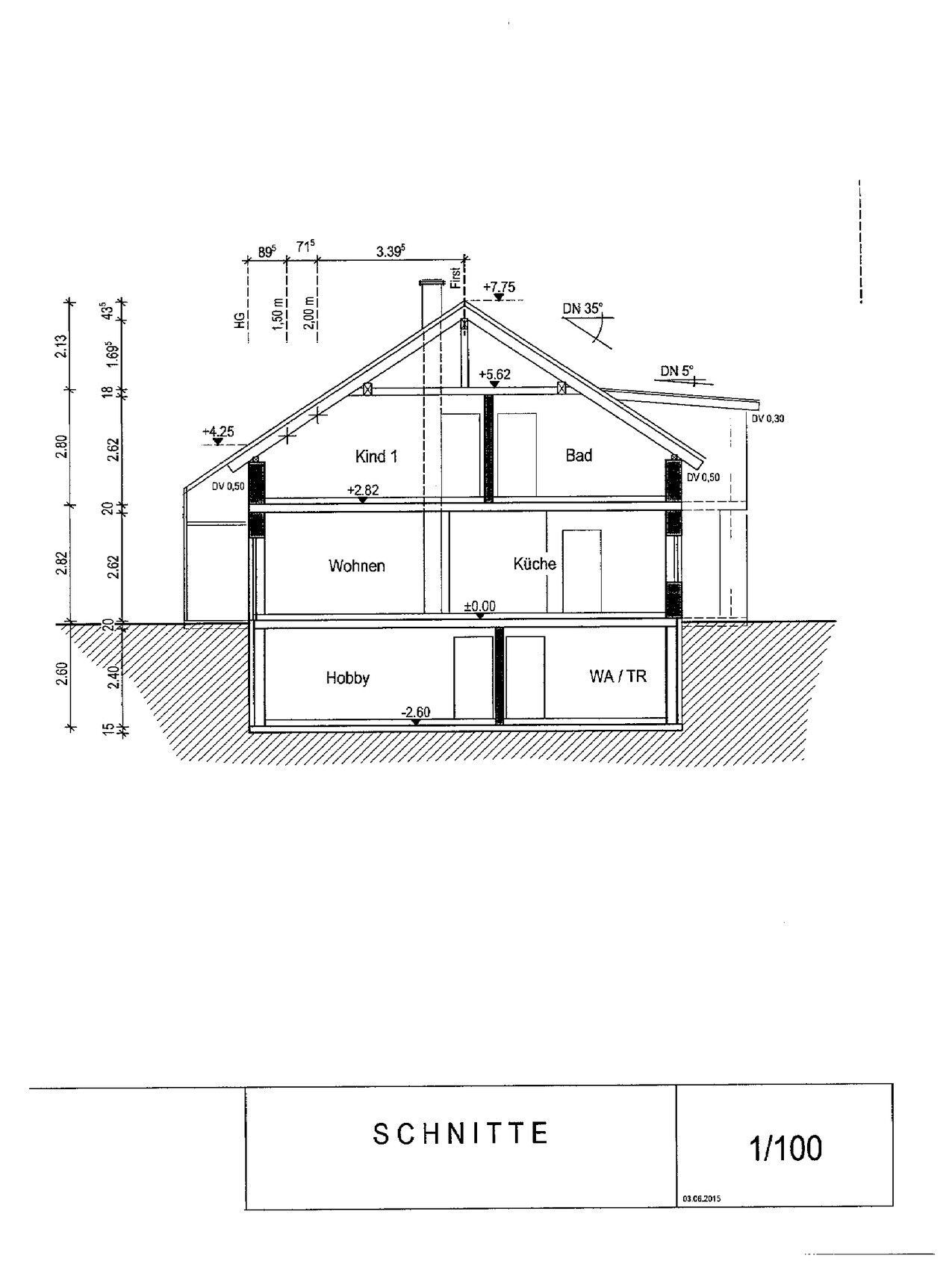 Section through a two-story house with basement; shows rooms: living, kitchen, bathroom, child’s room 1, hobby.