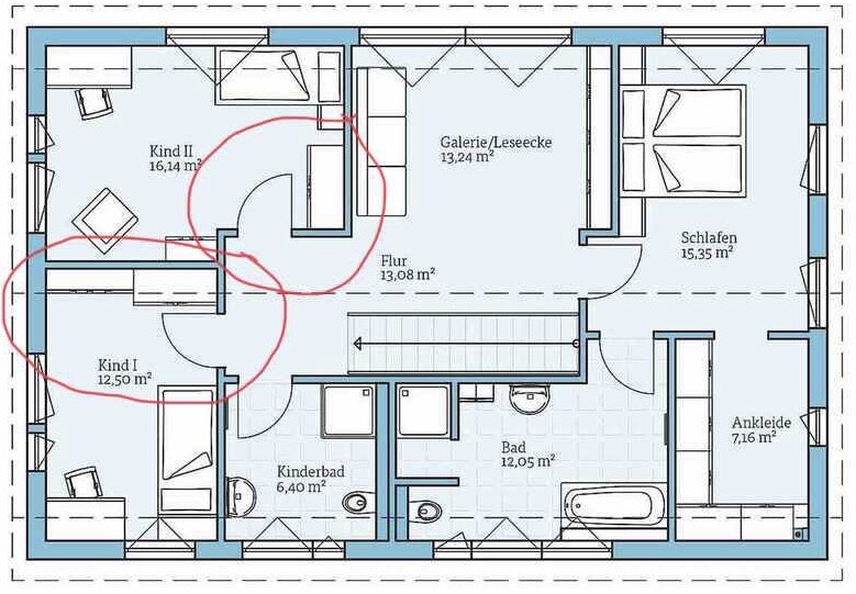 Floor plan of a residential house: bedroom, two children’s rooms, gallery/reading corner, dressing room, bathroom, and hallway.