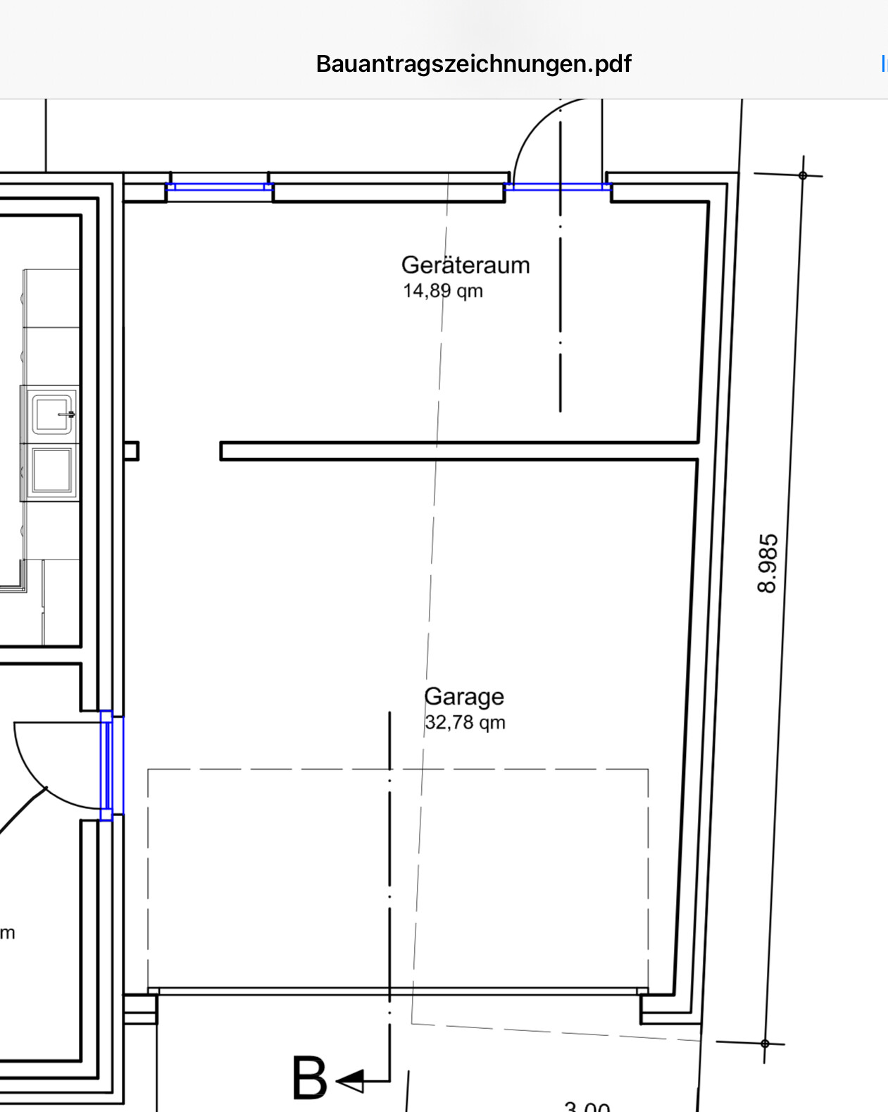 Grundriss: Garage (32.78 m²) and utility room (14.89 m²) with walls and doors