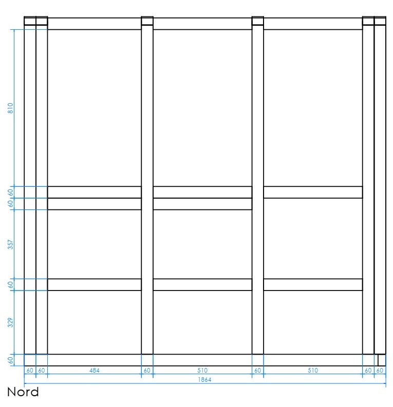 Technical drawing of a facade structure with three vertical supports and dimension lines (north)