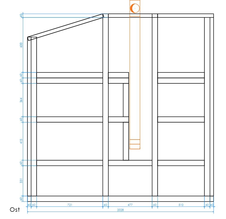 Technical drawing of a cabinet with dimensions; orange highlighted vertical component.