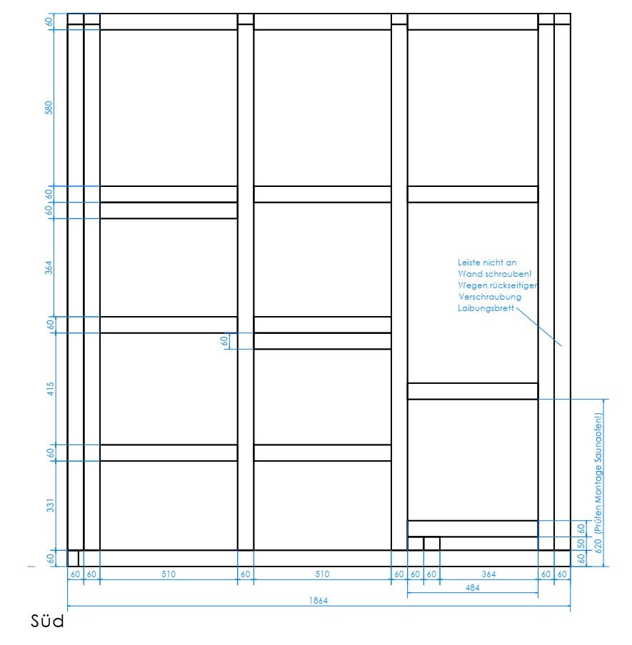 Technical drawing of a wall frame with dimension lines; note: do not screw the strip to the wall.