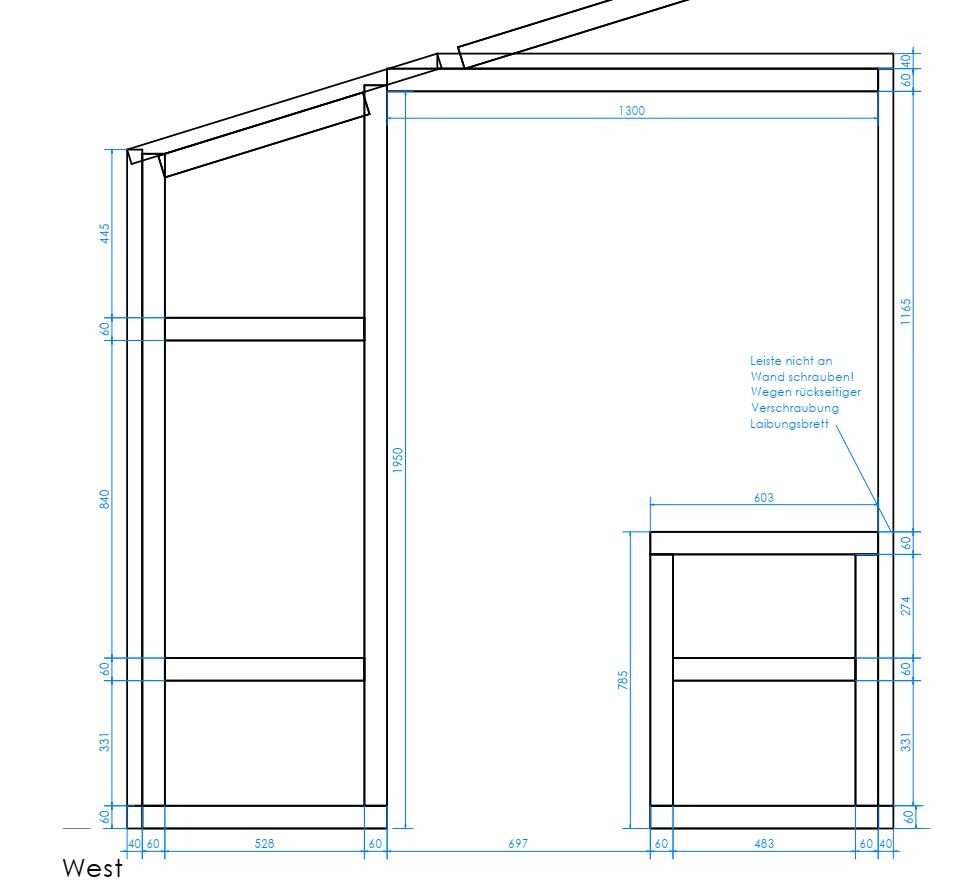 Technical drawing of a built-in wardrobe with sloped roof and separate lower cabinet, dimensions in mm