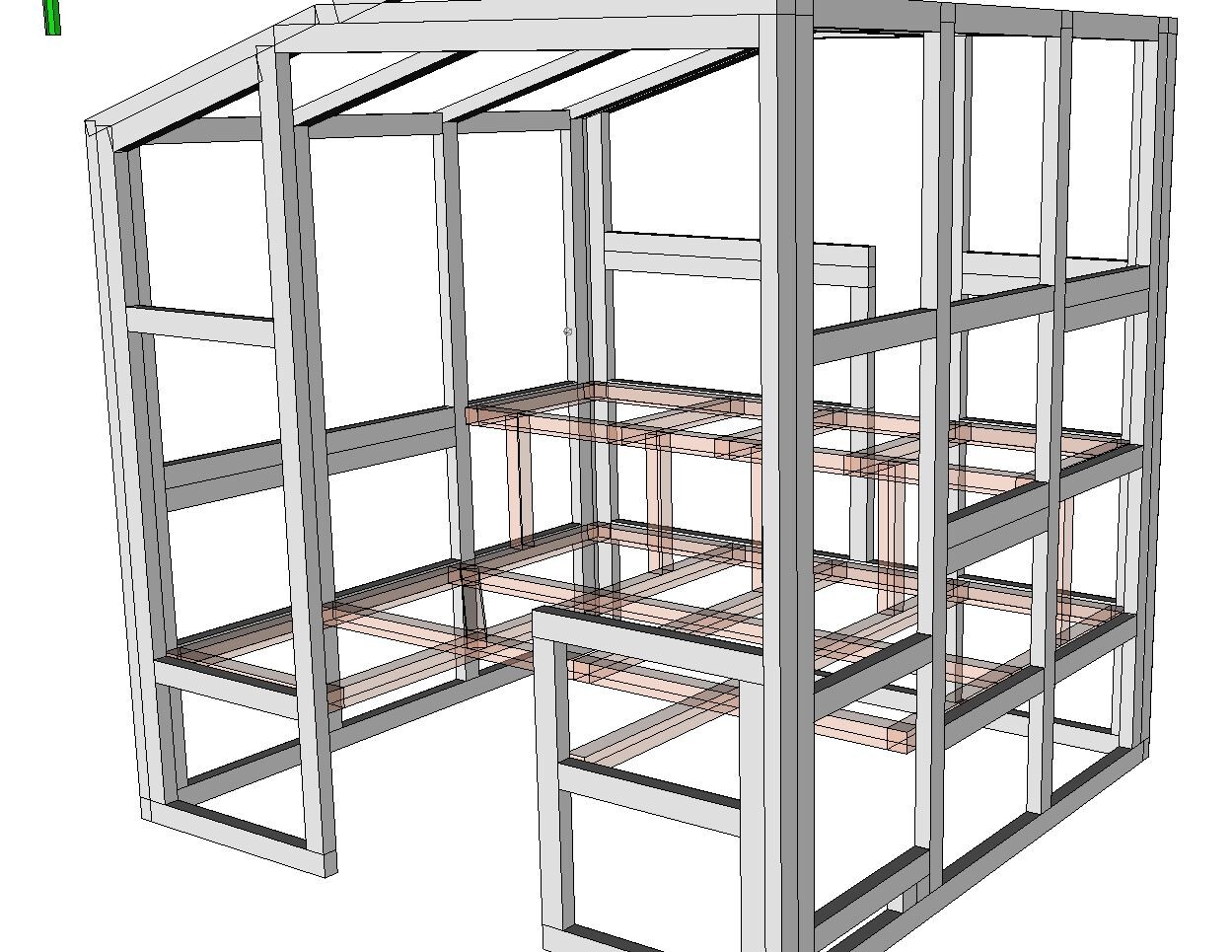 3D scaffold model of a rectangular frame with vertical supports and a brown inner frame.