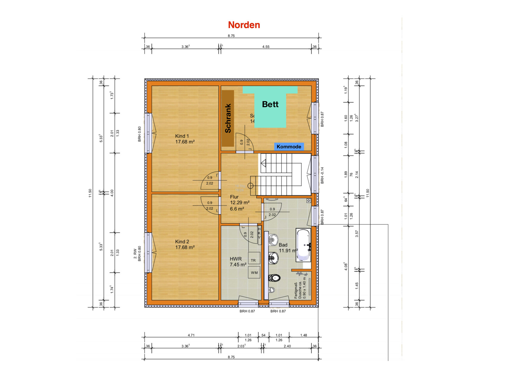 Floor plan of the upper floor: corridor, bathroom, utility room, 2 children’s rooms, master bedroom with bed