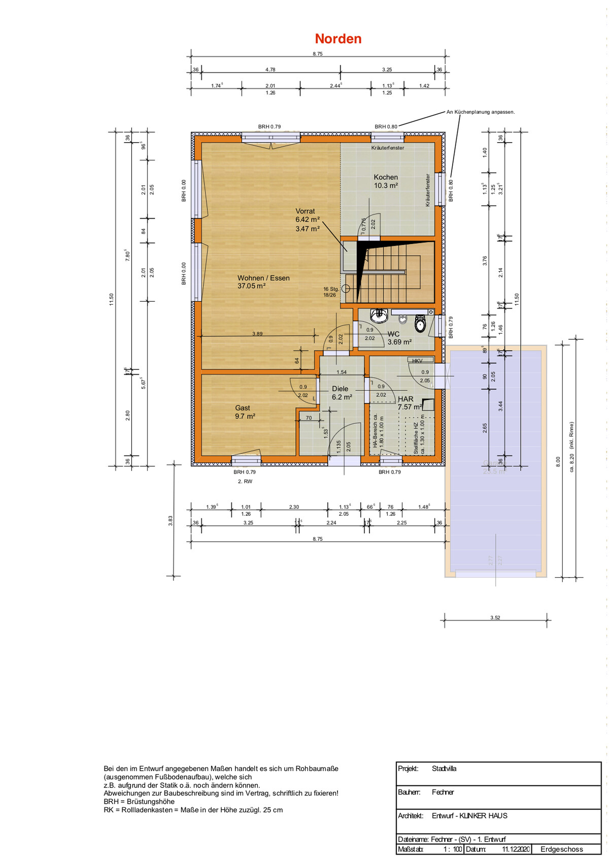 Floor plan of a house: living/dining, kitchen, guest, pantry, hall, WC, utility, stairs, north on top.