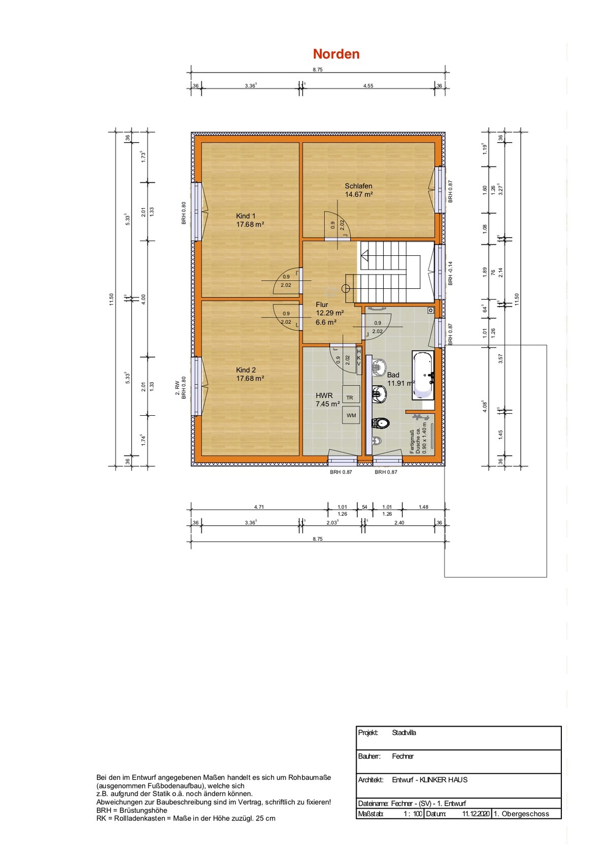 Upper floor plan: bedroom, two children’s rooms, corridor, bathroom, utility room; north on top.