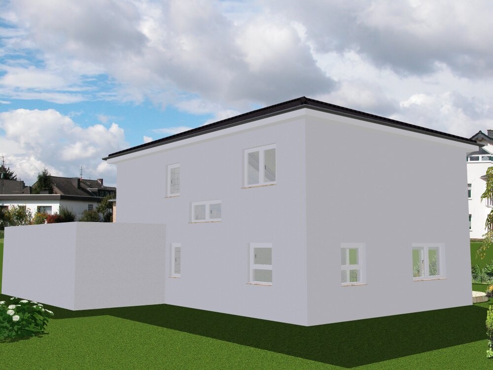 Two-story light gray house with white windows, side extension, green garden.