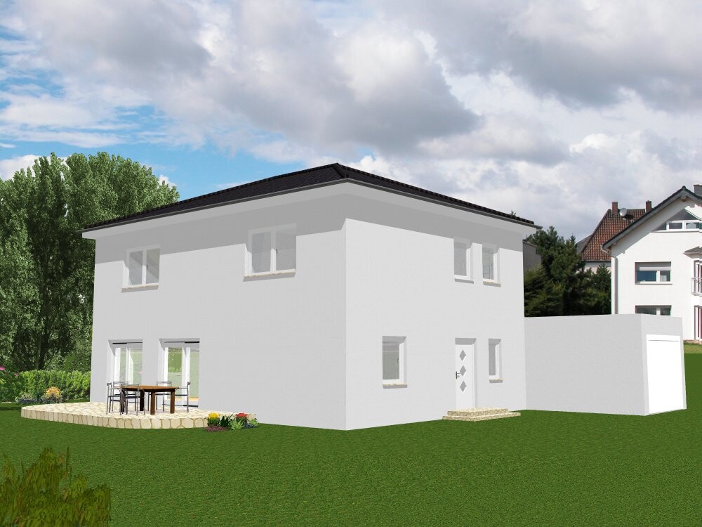 Modern, white two-story house with garden terrace and seating area.