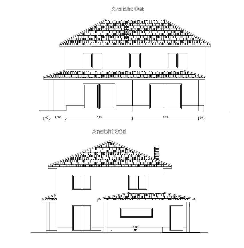 Two-story residential house: East and south view with roof tiles and windows.