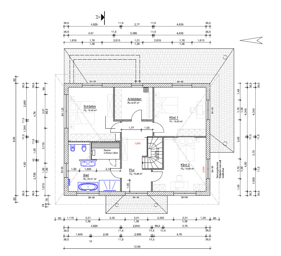 Upper floor plan with bedroom, dressing room, two children’s rooms, corridor, bathroom, sauna.