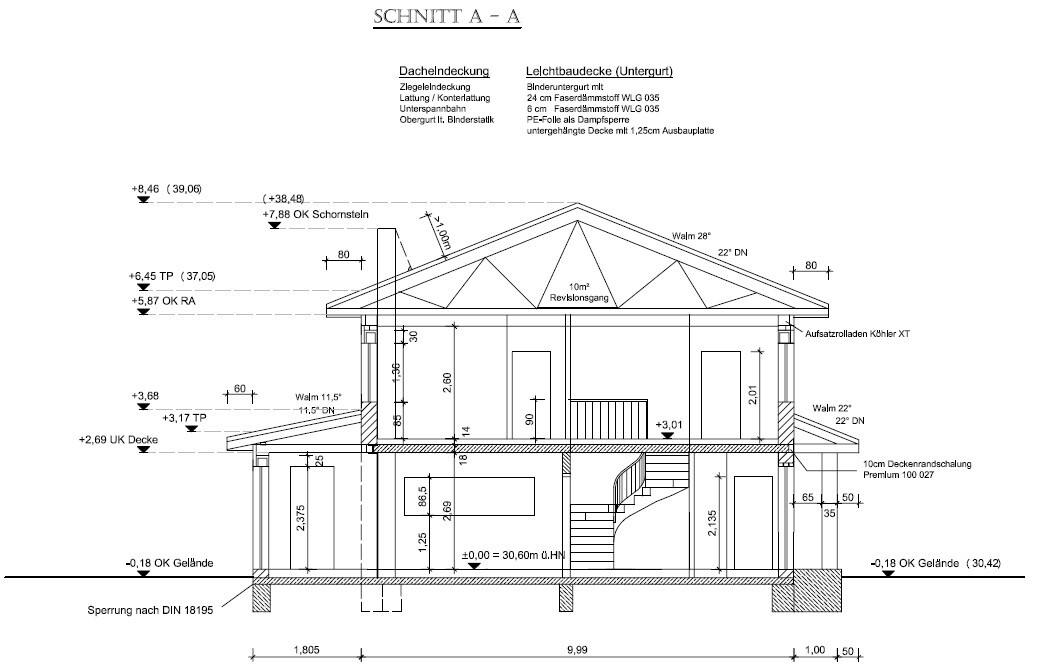 Section A-A of a house: roof structure, floors, stairs, dimensions, construction drawing.