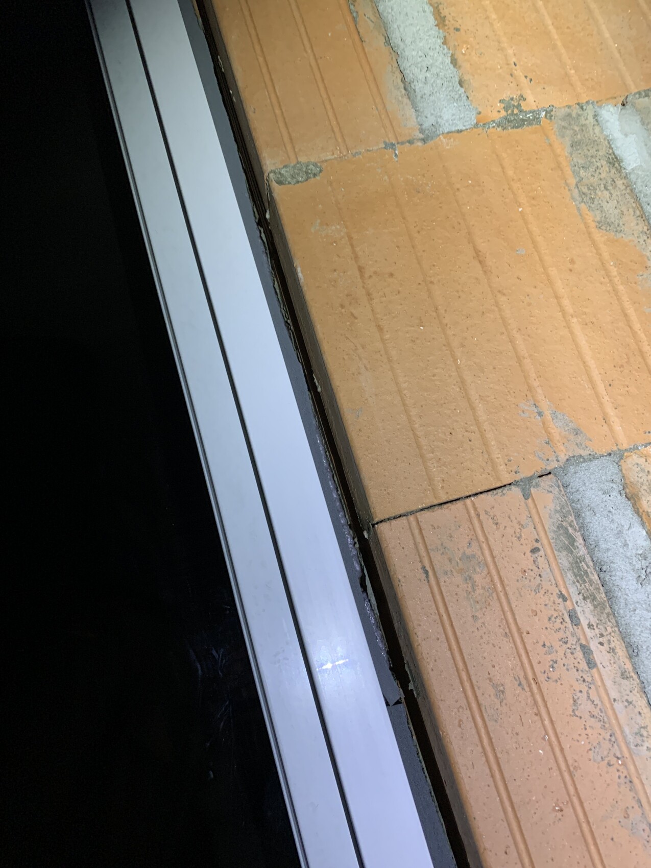 Aluminum door frame next to a brick wall; transition between interior and exterior.