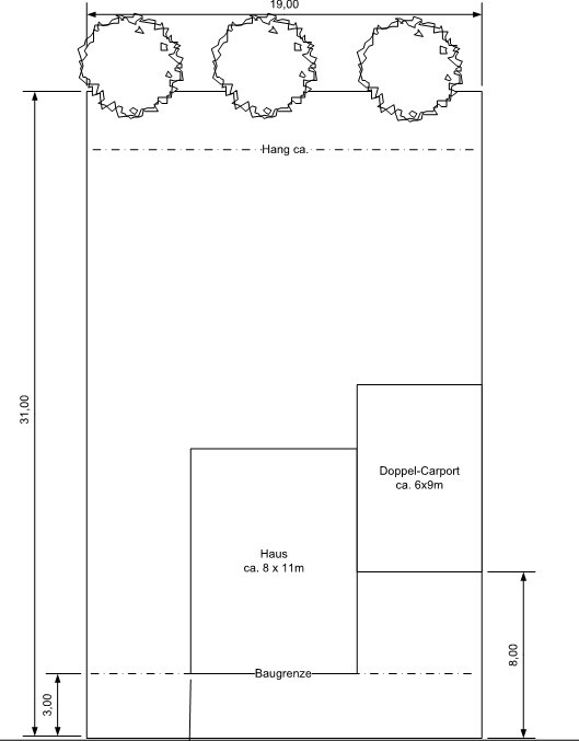 Grundstücksplan mit Gebäudefläche, Carport, Bäumen und Baugrenze