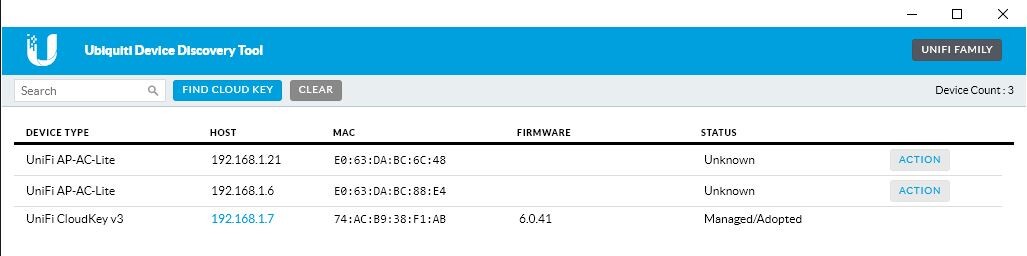 Screenshot of Ubiquiti Device Discovery Tool list showing three devices, host addresses, and status.