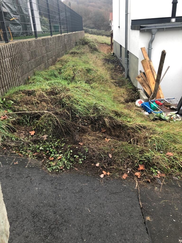 Unkraut und Gras wachsen entlang einer Hauswand; rechts Holzlatten und Werkzeugkasten liegen.