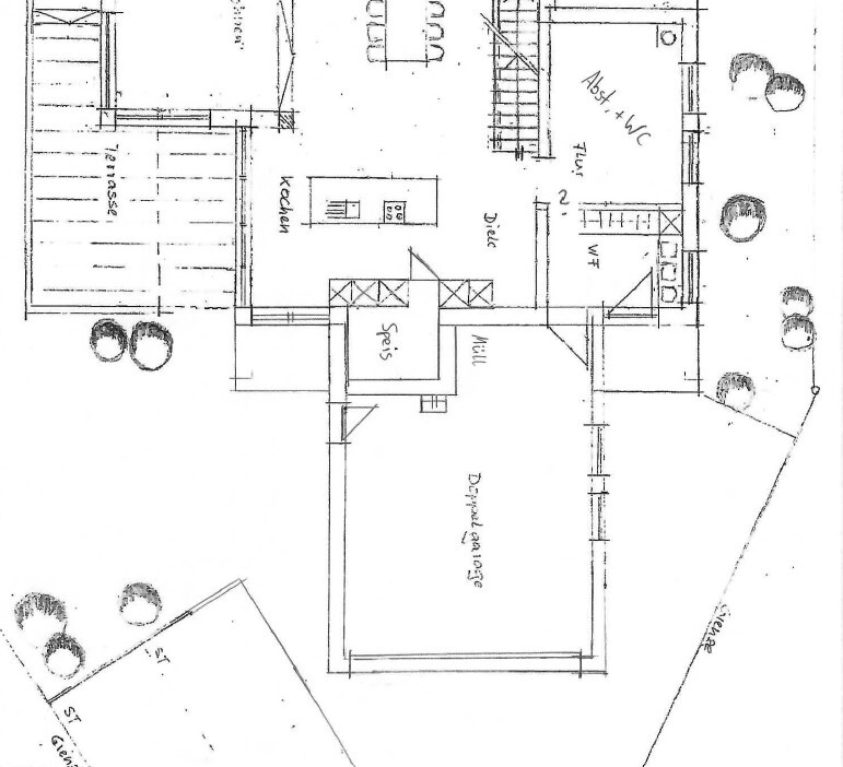 Hand-drawn floor plan sketch of a house with kitchen, hallway, bathroom, WC, terrace.