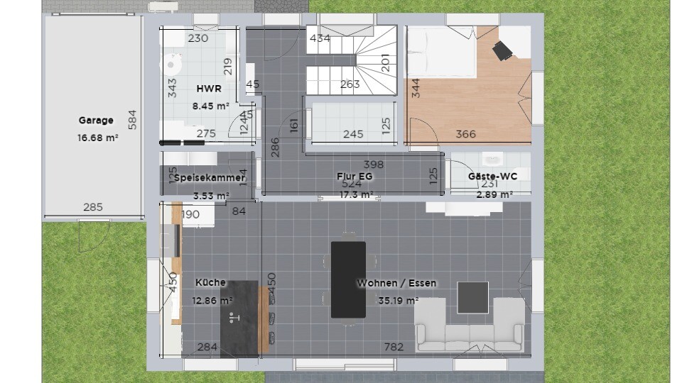 Grundriss eines Hauses: Garage, Küche, Speisekammer, HWR, Flur, Wohnen / Essen, Gäste-WC, Garten.