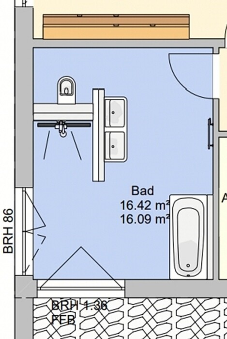 Floor plan of a bathroom with double sink, bathtub, and door.