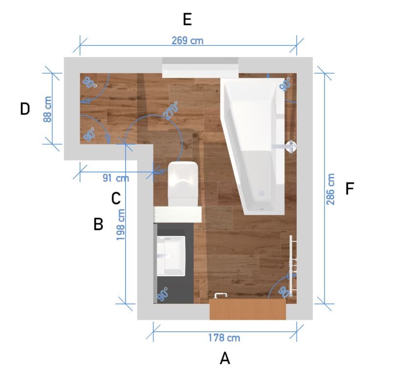 Grundriss eines Badezimmers mit Badewanne, Toilette, Waschbecken, Dusche und Holzfußboden.