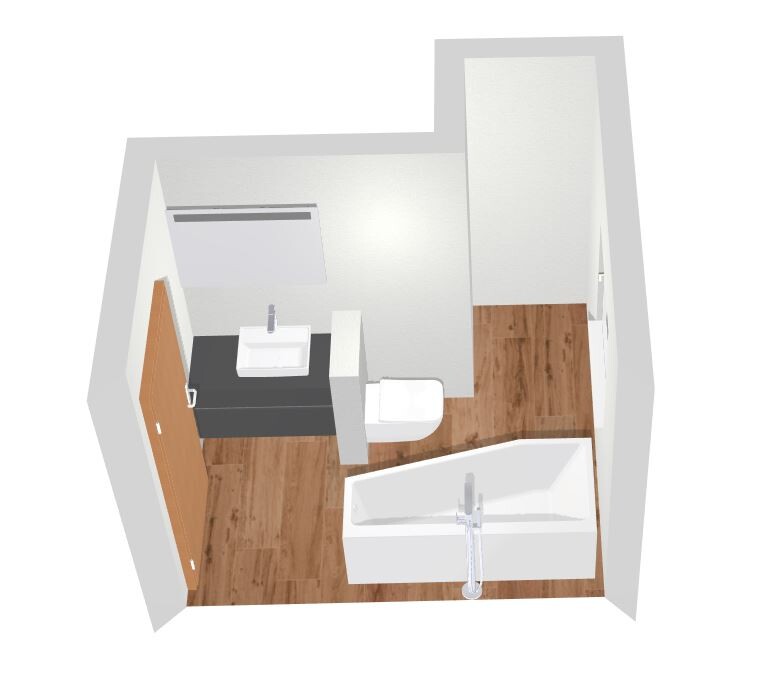 Badezimmer-Layout von oben mit Waschbecken, Toilette, Badewanne und Holzboden.