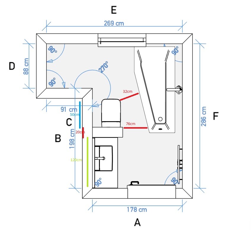 Grundriss eines Badezimmers mit Dusche/Badewanne, Waschbecken, WC und Maßen in Zentimeter.