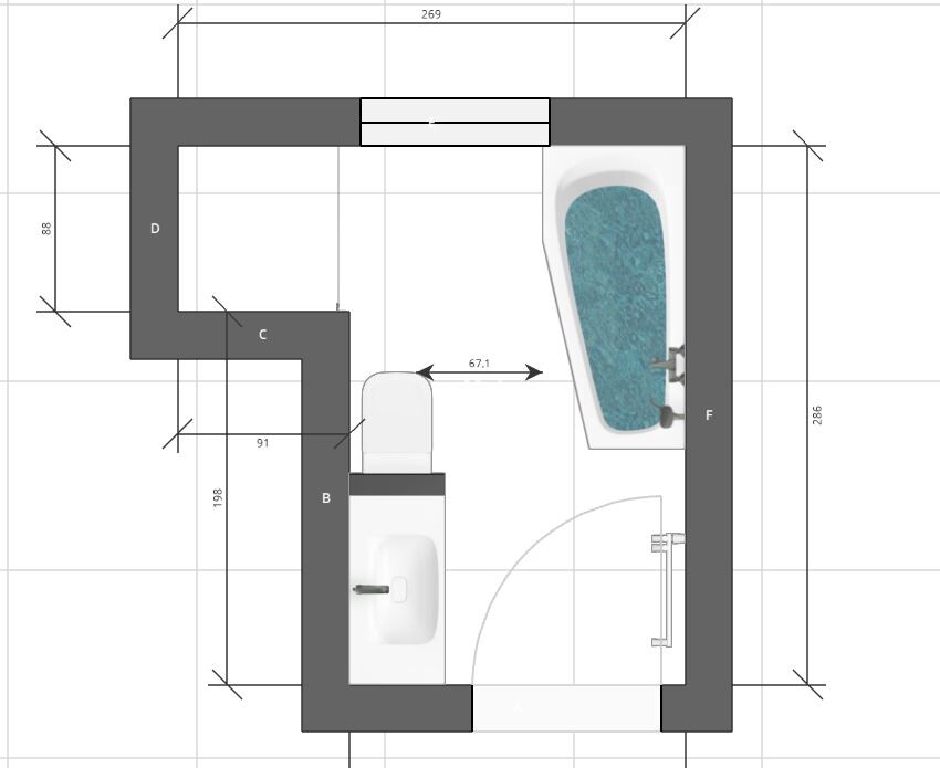 Bathroom floor plan: bathtub on the right, toilet in the middle, sink on the left, door opens inward.