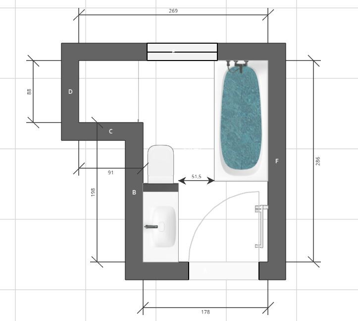 Bathroom floor plan: bathtub on the right, toilet on the left, sink bottom left, door.