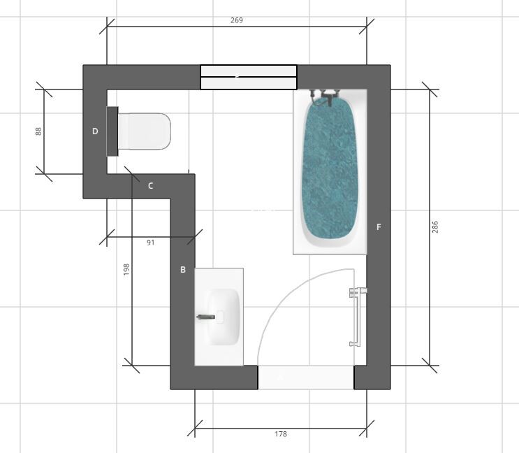 Bathroom floor plan: bathtub on the right, sink bottom left, toilet on the left, door opening.