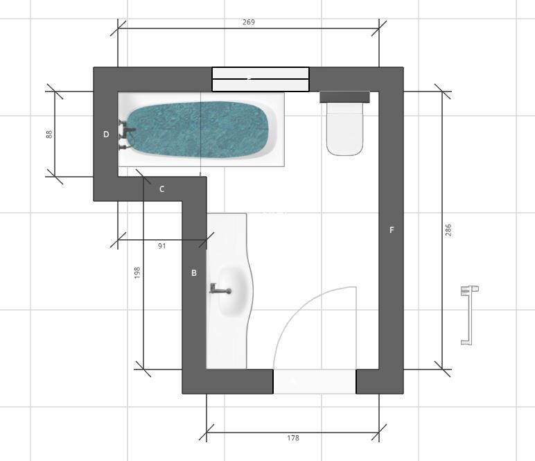 Bathroom floor plan: bathtub on the left, sink bottom left, toilet on the right, door on the right.