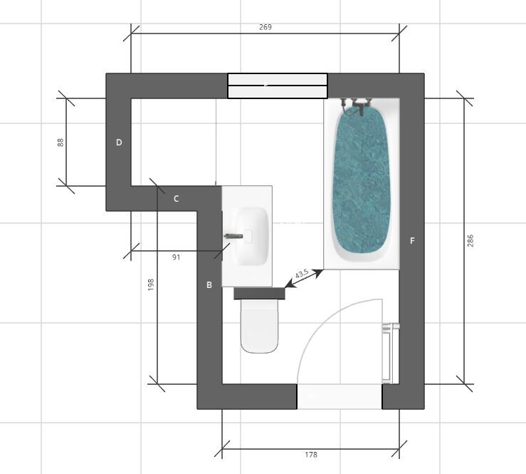 Floor plan of a small bathroom: bathtub on the right, toilet and sink on the left.