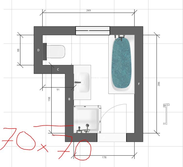 Bathroom floor plan with toilet on the left, sink in the middle and bathtub on the right.