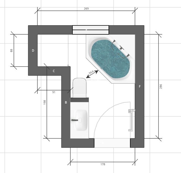 Bathroom floor plan with bathtub, sink, toilet, door and dimension lines.