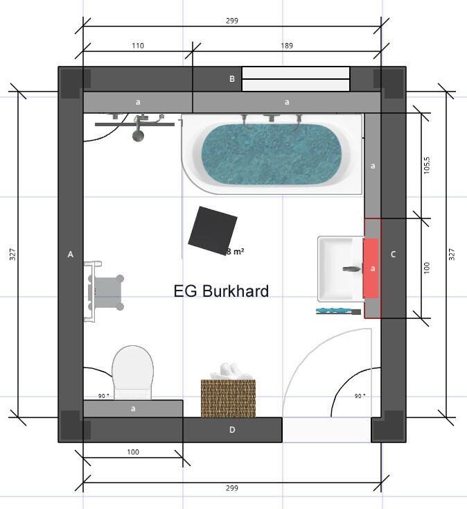 Floor plan of a ground floor bathroom: bathtub, washbasin, toilet, and door