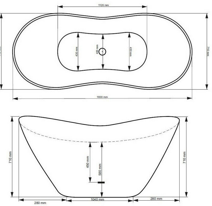 Elongated bathtub with inner basin; top and side views with dimensions in mm.