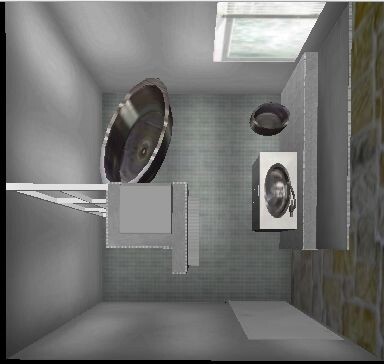 Top-Down-Ansicht eines kleinen 3D-Badezimmers mit Waschmaschine, Waschbecken und Dusche